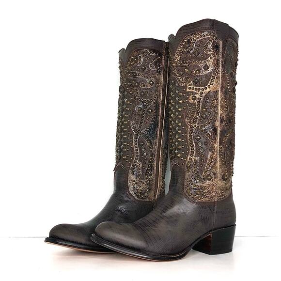 Frye Deborah Deco Tall Studded Crackle Leather Western Boots Women’s 6.5 Shoes - Picture 2 of 12